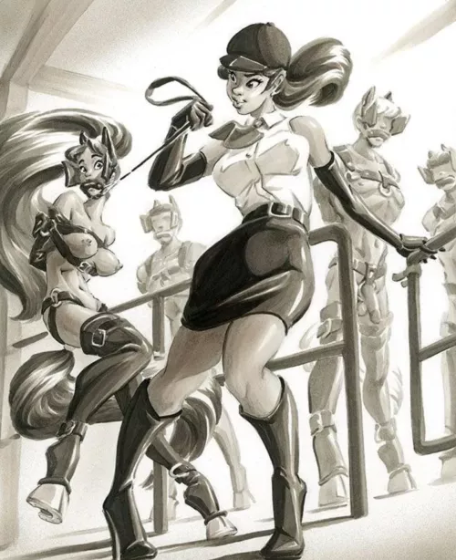 A Pony girl in the horse pasture with male horses