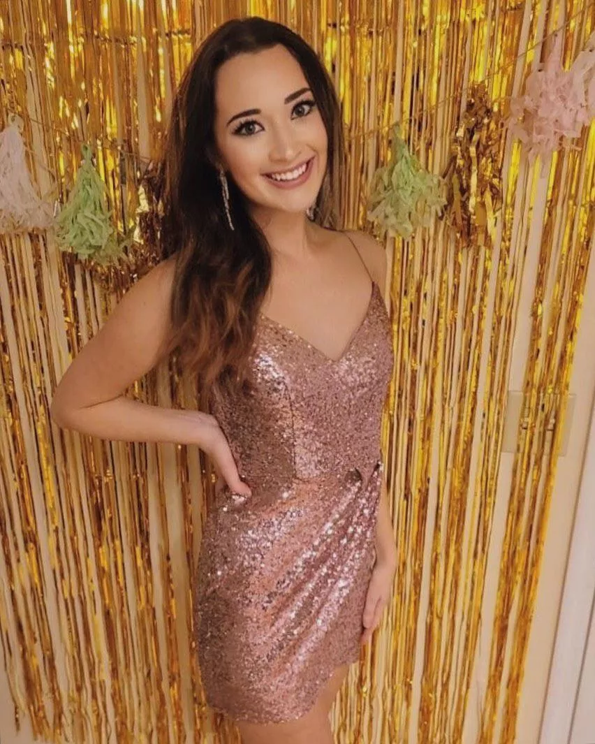 Brunette in sparkly dress