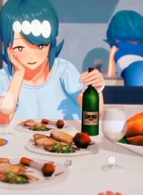 LF color source : pokemon, blue hair, blue dresses, blue eyes, wine bottle