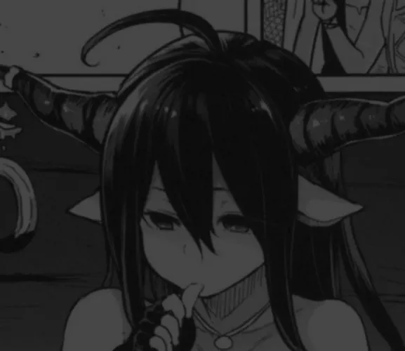 LF Mono Source: 1girl, ahoge, animal ears, bare shoulders, black hair, close-up, empty eyes, face, finger to mouth/finger to own mouth, fingerless gloves, hair between eyes, horn ornament, horns, necklace, pointy ears, portrait, sidelocks, thumb biting, 