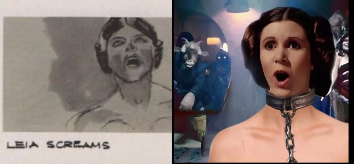 A naked Slave Leia is scared of Jabba (Storyboard by George Lucas and edit by me)