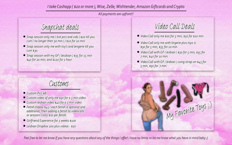 I'm switch more domme in here to fulfill all your fantasies with no limits! I'm doing session's g/g and solo [vid], [pic] and cock [rate] live and custom content 💟 [snp] Missfantasyxx69