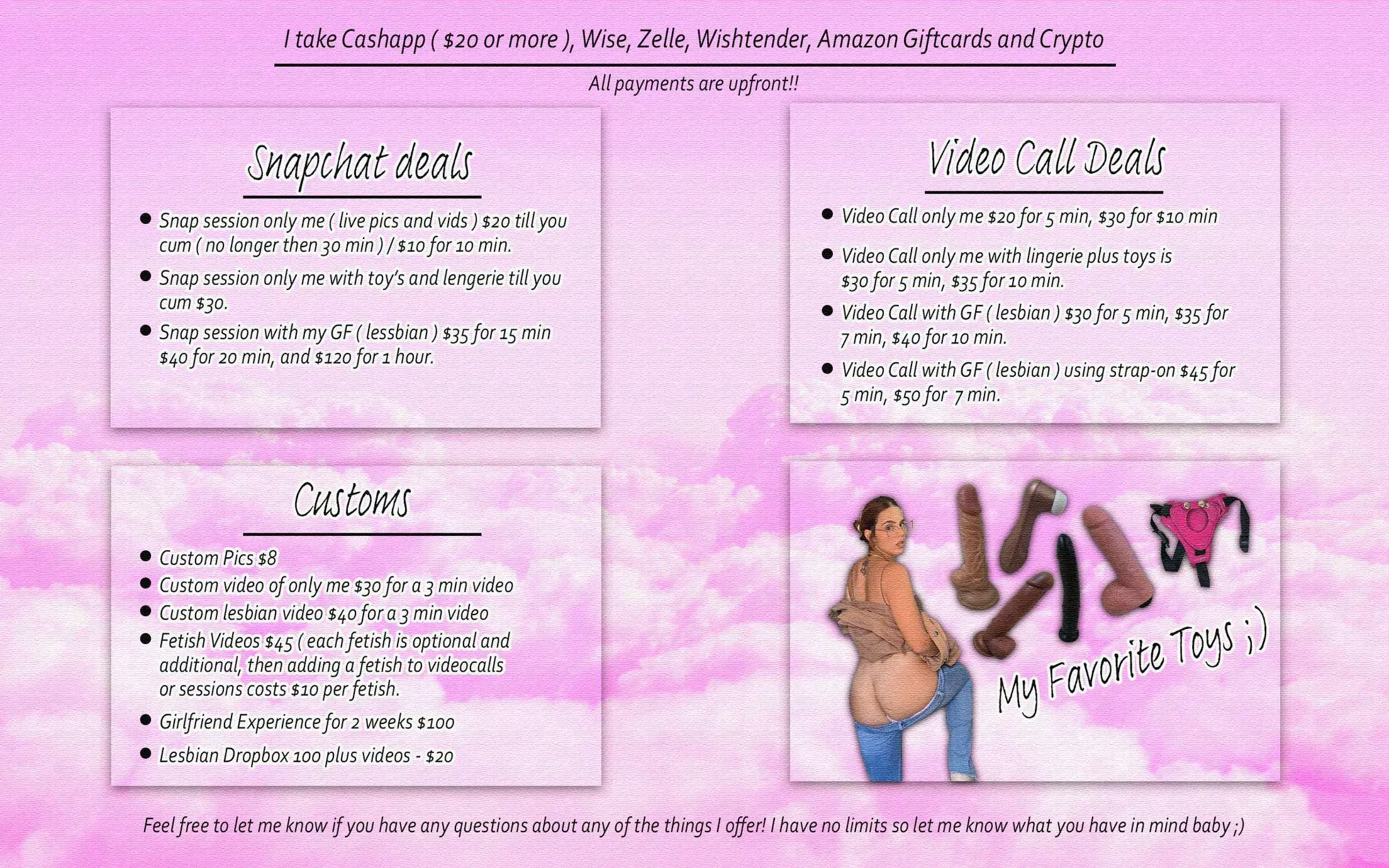 I'm switch more domme in here to fulfill all your fantasies with no limits! I'm doing session's g/g and solo [vid], [pic] and cock [rate] live and custom content 💟 [snp] Missfantasyxx69