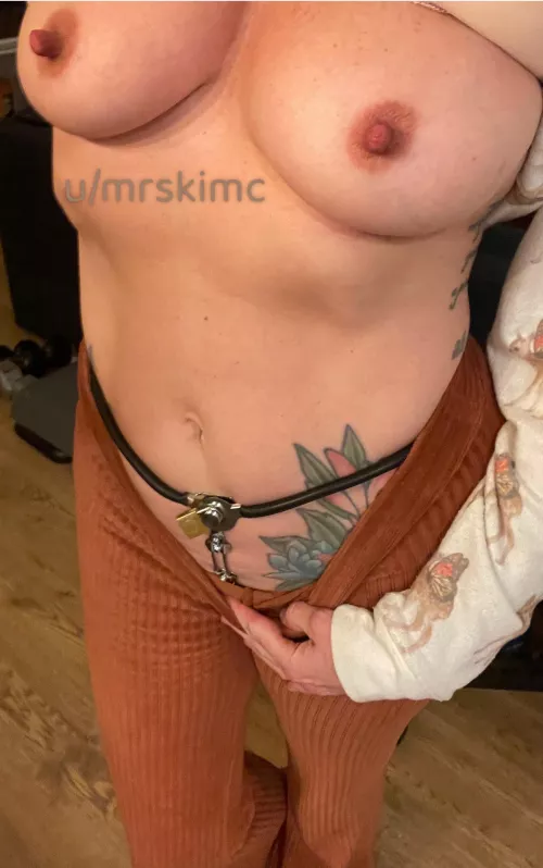 My new (first) chastity belt. The Mister knows I need lessons in how to properly beg. 44F hotwife, MILF, cougar