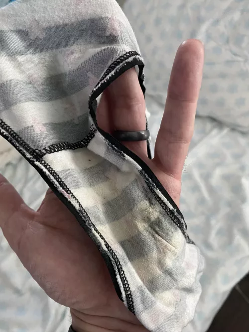 She definitely had a pussy wedgie last night. These were incredibly sticky and gooey. Felt and smelled amazing. Sweet and musky