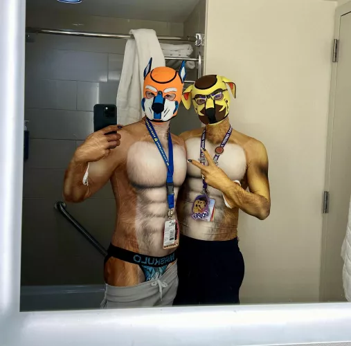 An (almost) wholesome picture of the bf and I in our new hoods 🐶