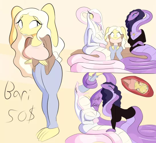 {Image} Bari, a bunny who moved into a city inhabited by lots of snakes, she and the two snakes with her are adoptable! (Art by JackMunchy)