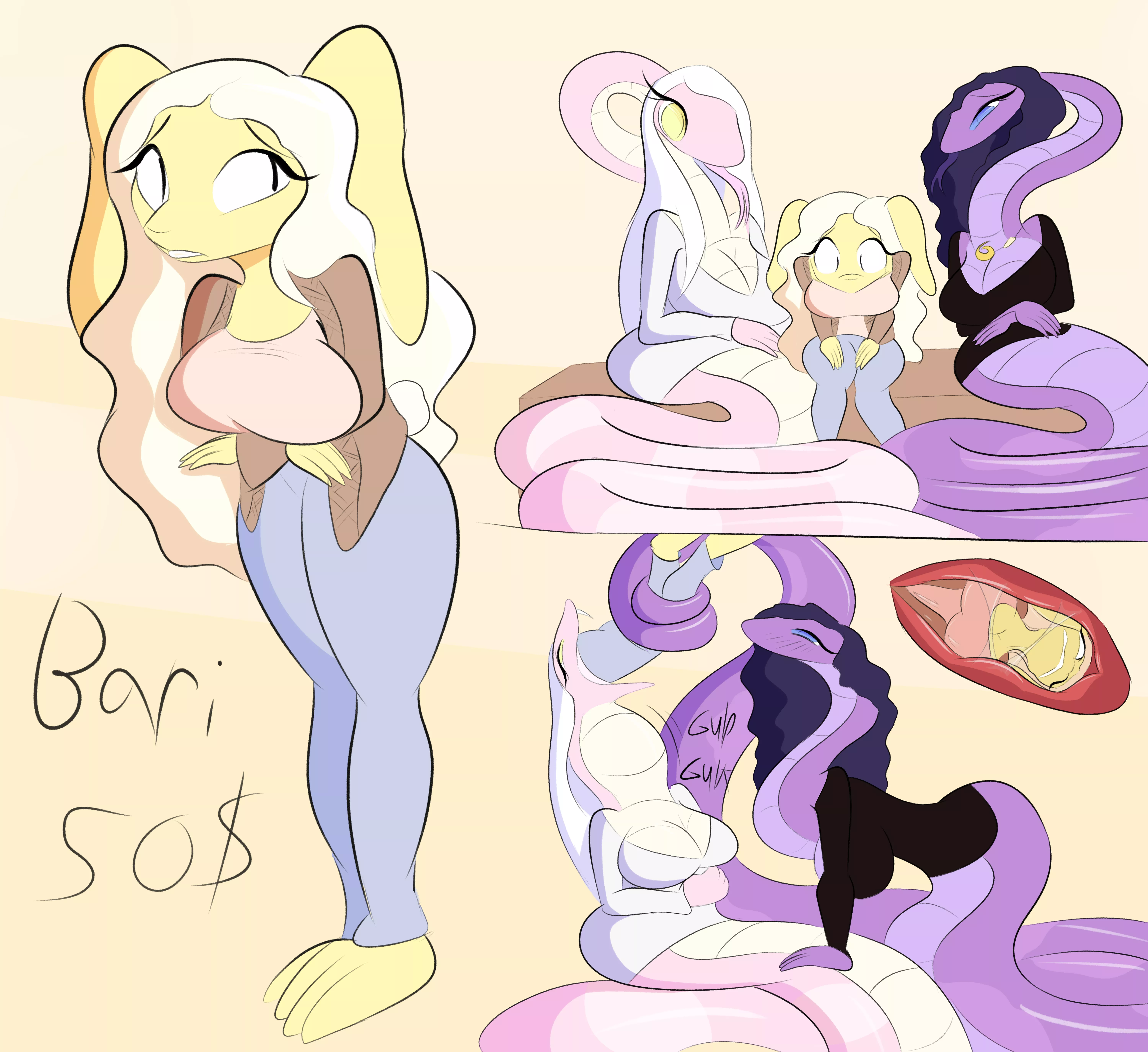 {Image} Bari, a bunny who moved into a city inhabited by lots of snakes, she and the two snakes with her are adoptable! (Art by JackMunchy)