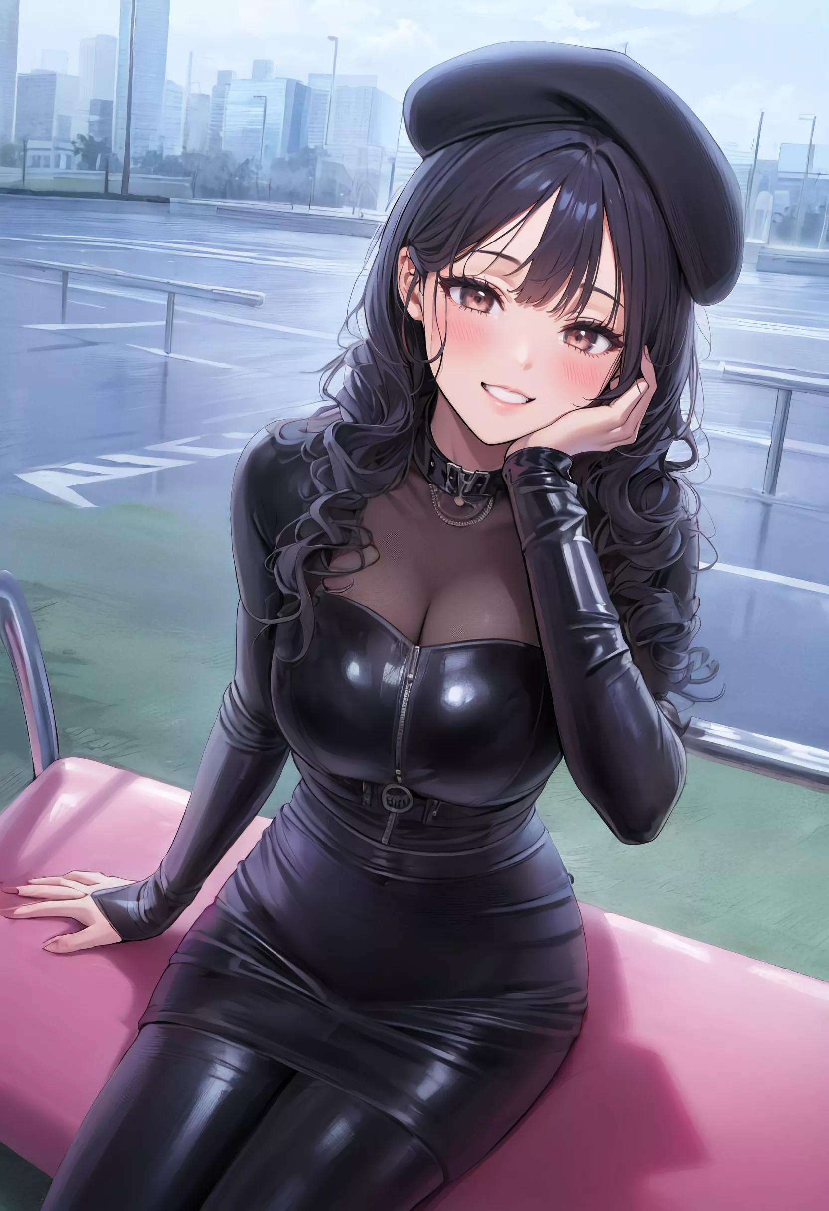 Matching Beret & Leather Outfit