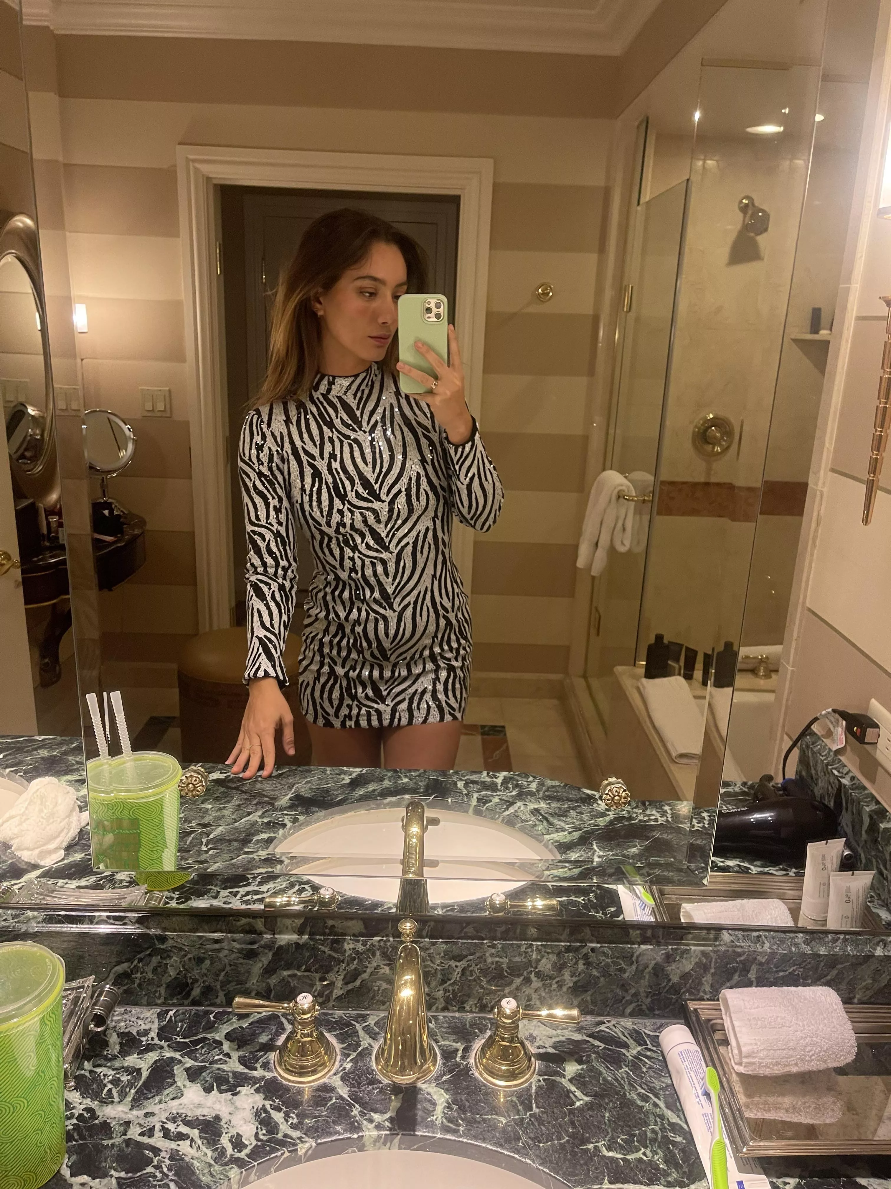 When I bend over at the bar my butt pops out. I should go tighter. 27 F