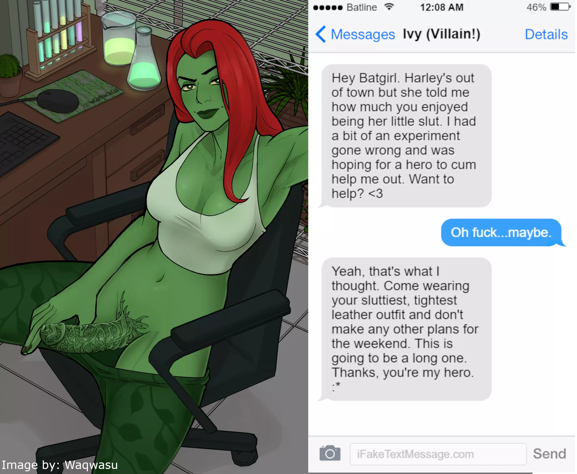Ivy Booty Call's Batgirl [Image by: Waqwasu] [DC] [Poison Ivy] [Experiment Gone wrong] [Futa] [Batgirl] [Text Conversation] [Implied Sex] [Short]