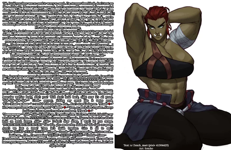 Your teammate want to get more close with you. Don't dissappoint her. [Orc girl] [Muscular girl] [Wholesome] [Creampie] [Tomboy] | Art: Sotcho