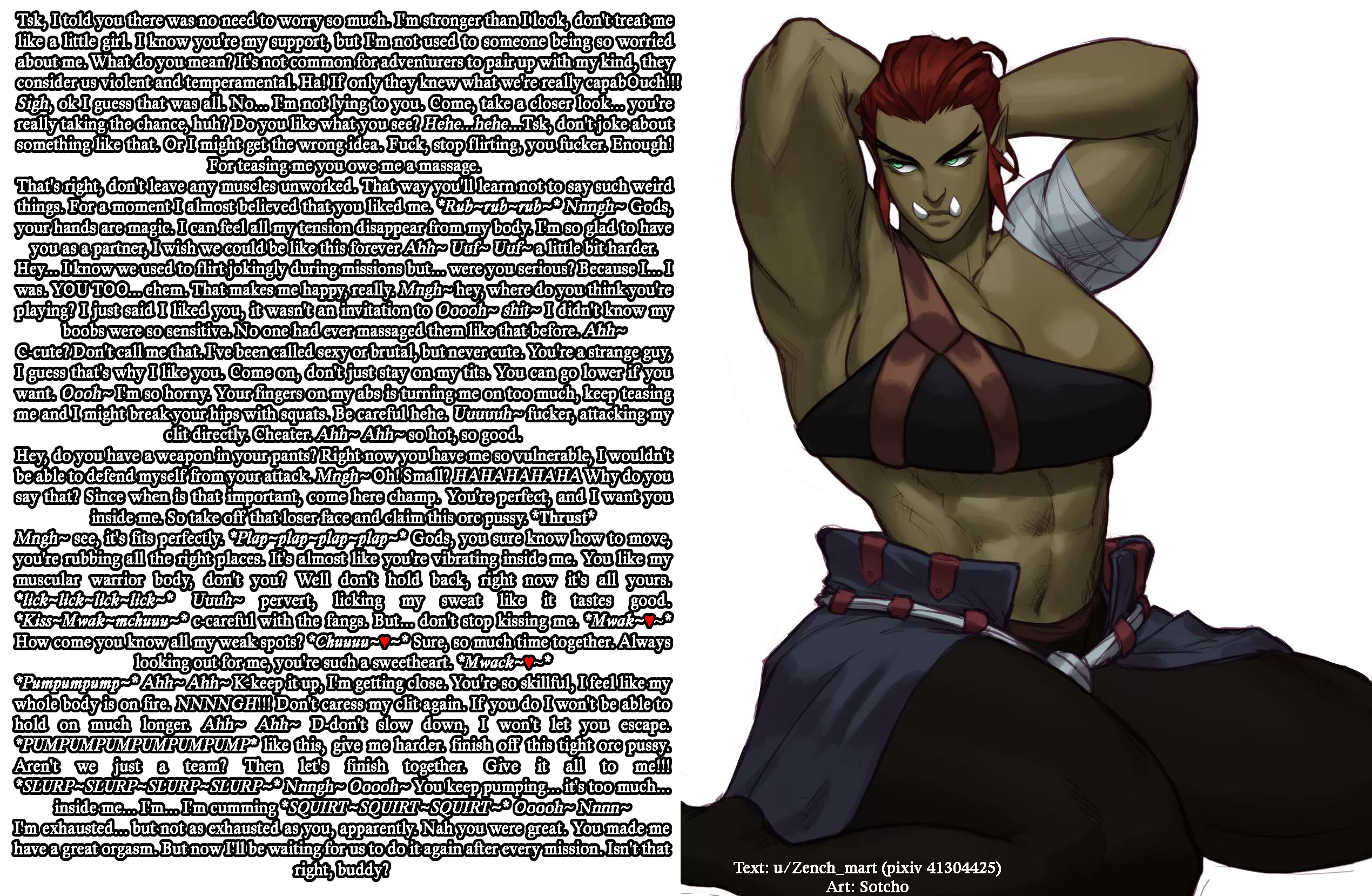 Your teammate want to get more close with you. Don't dissappoint her. [Orc girl] [Muscular girl] [Wholesome] [Creampie] [Tomboy] | Art: Sotcho