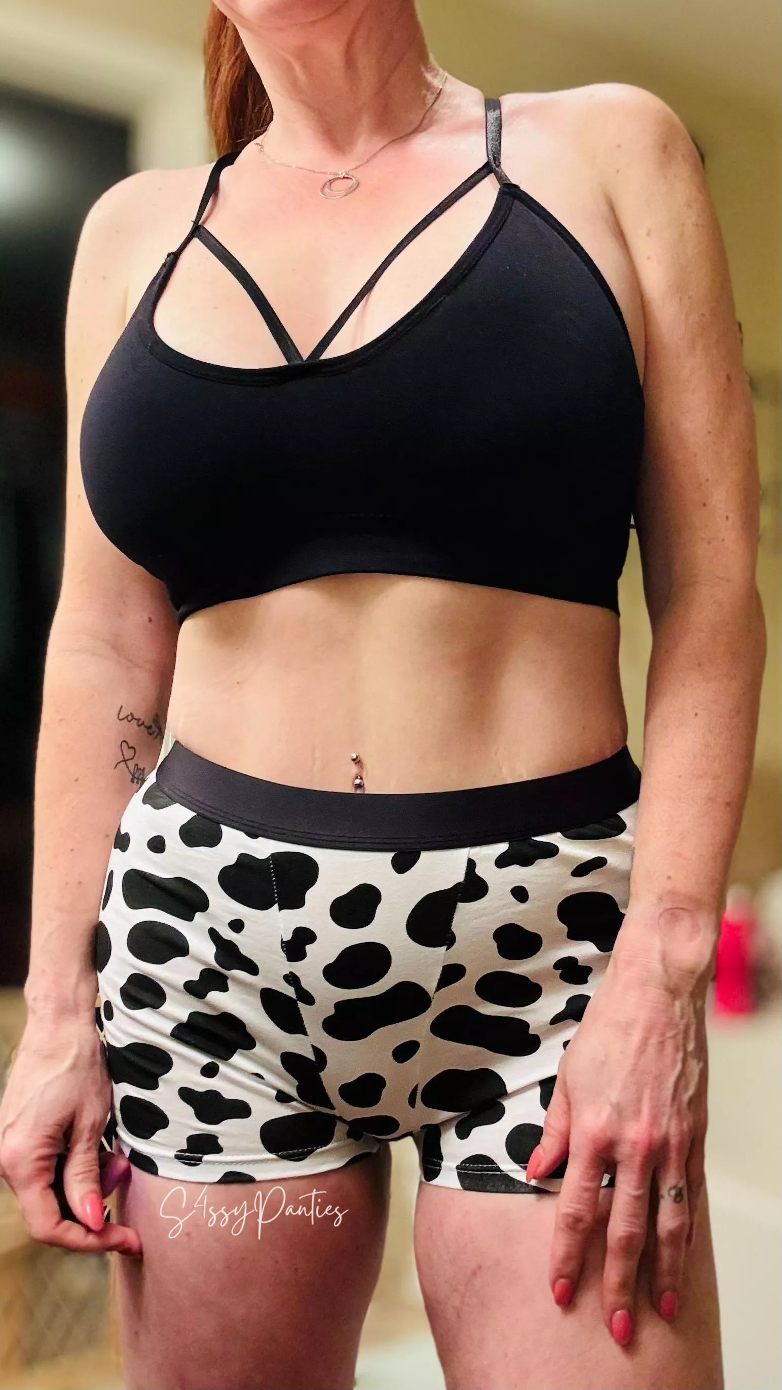 Today’s panties, cow print boy shorts. $35. Currently absorbing my rest day gym sweat. Perfect if you like a lightly sweaty, grooly pair. Fet friendly, 40ish redhead nextdoor type. [selling][usa]