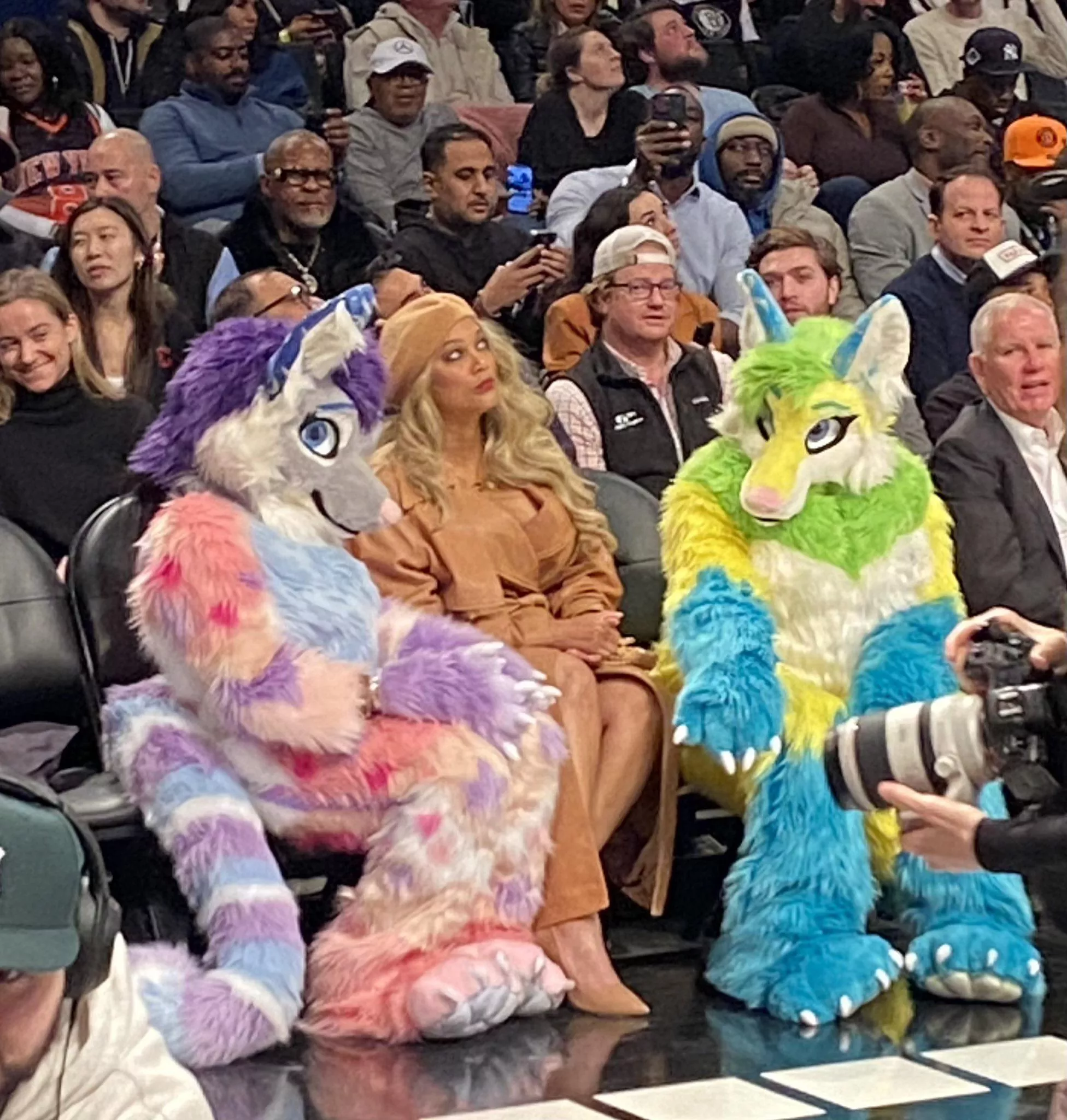Tyra Banks watching a Basketball game with two adorable fluffs and she's like rolling with it