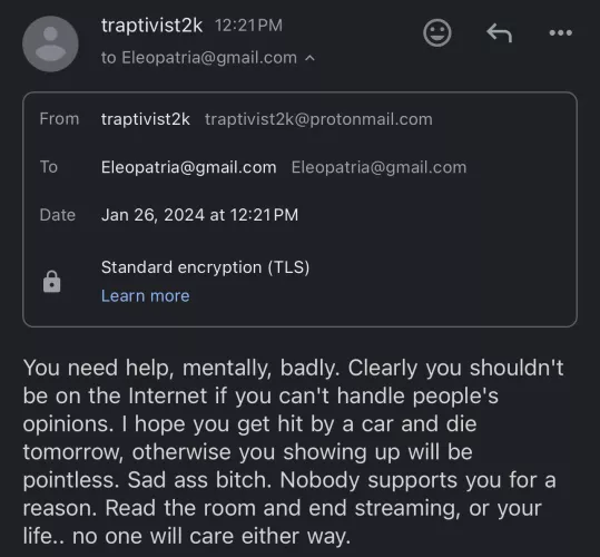 HELP! ENDLESS HATE MAIL/DEATH THREATS. HAPPENS AFTER STREAM ENDS. HIDING BEHIND VPN. WHAT TO DO?