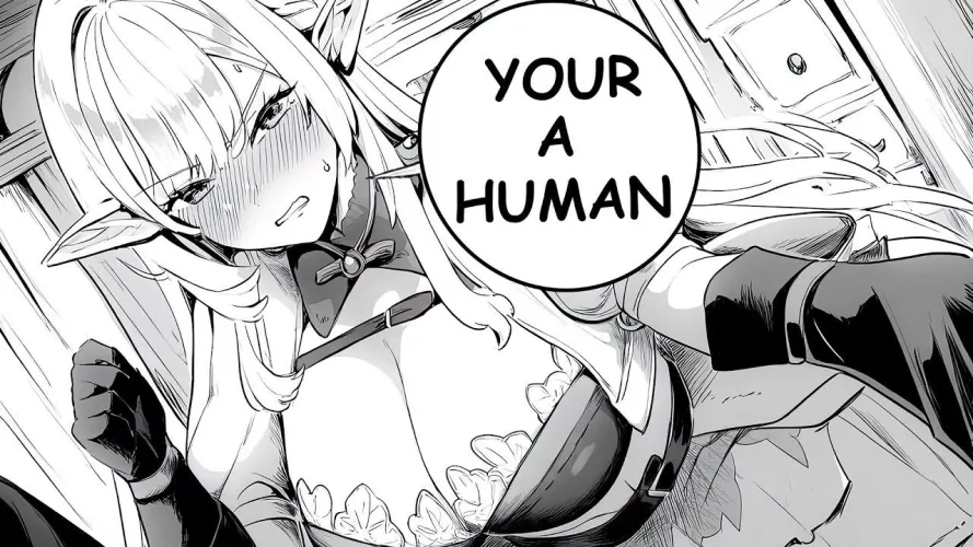 LF Mono Source: 1girl, elf, pointy ears, long hair, blond, sidelocks, blush, long eyelashes, sweat, teeth grinding, big boobs, cleavage, looking at viewer, your a human