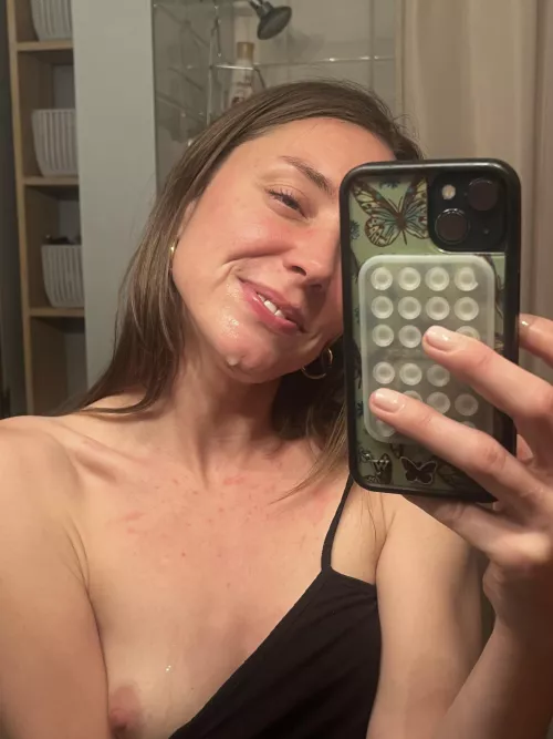 Happy little cum slut got most of it in her mouth this time