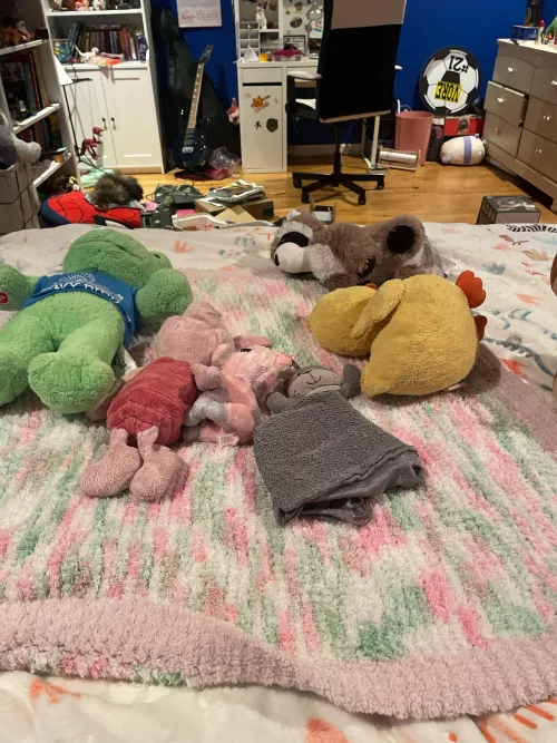 I have a love for childish stuff here are my favorite stuffies and blankie