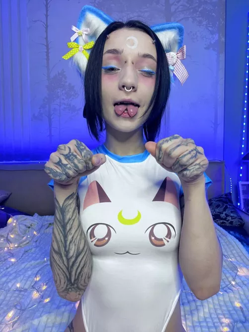 meow I’m a kitty with kitty clothes hehehe let me lick up your milk!