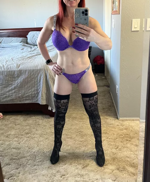 VS lingerie and thigh highs on fuck me friday, leave them on or take them off when you get here?