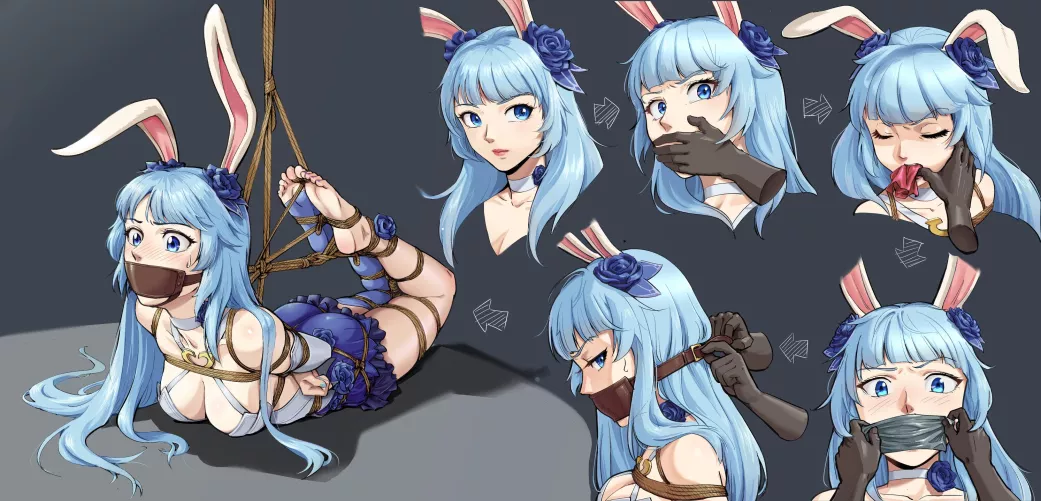 3 layers of gags and a hogtie