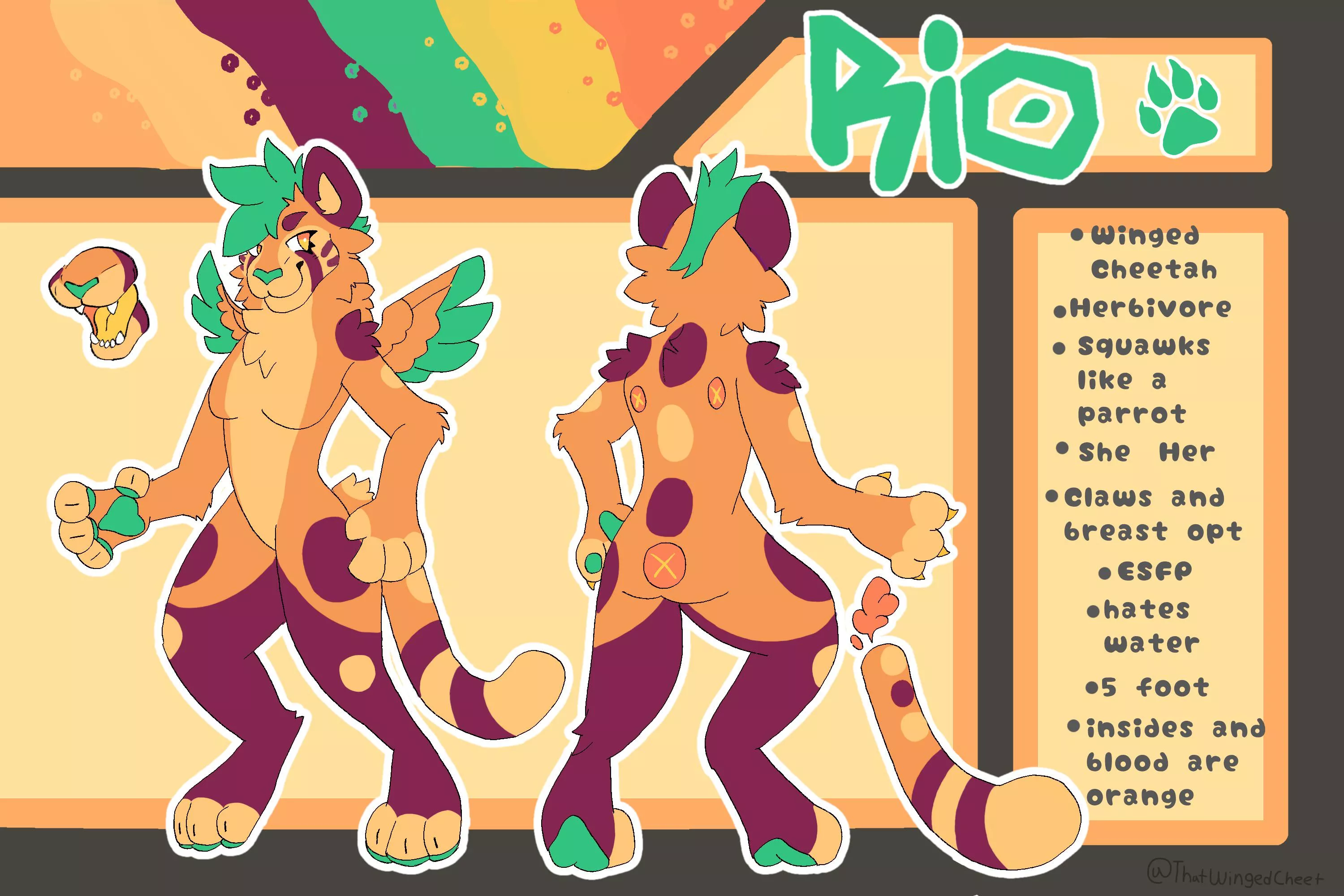 Heres my fursona. Because everyone preferred the “cheeseburger” color scheme