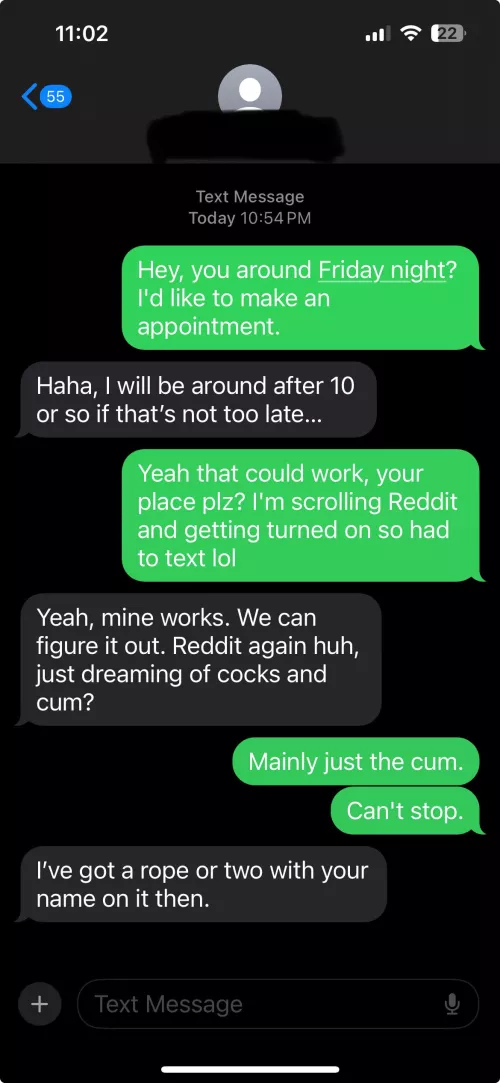Laying on the couch with my husband and posting, decided to text an old bull and see what was up. Things escalated far too quickly for my own good but now I have an appointment on Friday. Boobs or face? You decide.