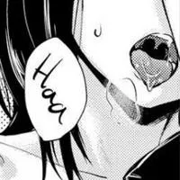 LF Mono Source: 1girl, closed up, black hair, shoulder length hair, sweat, open mouth, tongue out, saliva, uvula, upper teeth, steam, collarbone, Haa