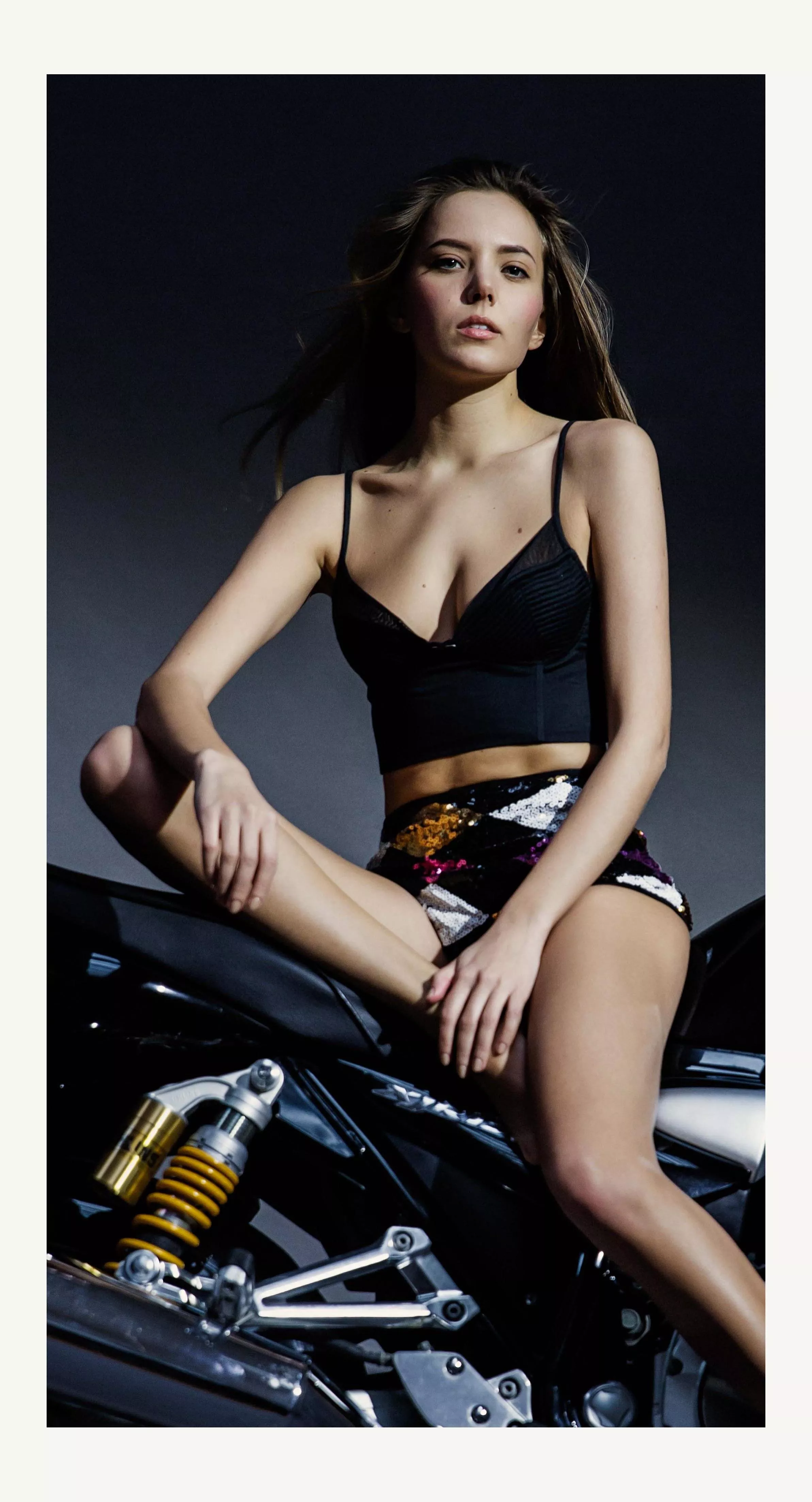 Katya Clover on a motorbike made by Pedro Saudek