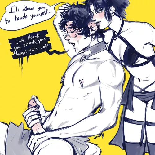 Seeing you all worked up, panting, blushy... How could I deny my sweet good boy some fun?~ (Art by strictlyarmand)