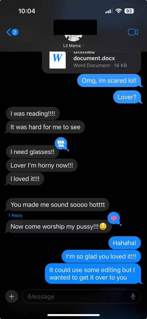 I wrote some gentle femdom literotica for my lover. This was her response, I’ll post the story in the comments :)
