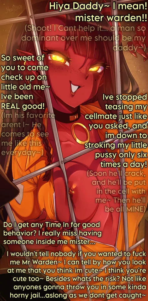 Its hard work being the warden of Horny Jail. Especially when you get to the Succubus Unit. [F] [Monster Girl] [Prisoner/Warden] [inner thoughts] [Corruption] (Artist: Merunyaa)