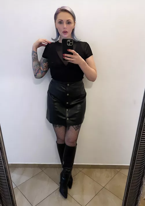 Leather skirt, see through shirt