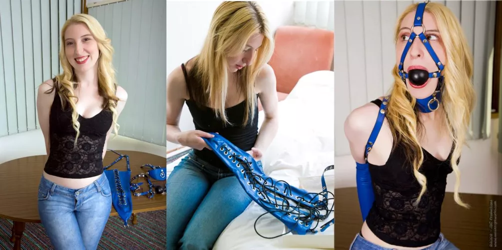 A young Melissa Roberts is contemplating just how tight these leather restraints are going to feel.