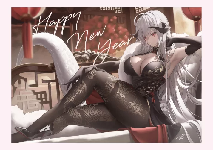happy new year from horned dragon girl in China dress [original]