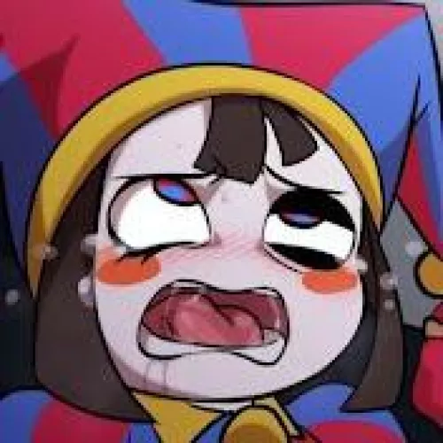LF Color Source: 1girl, open mouth, blushing, jester hat, red blue eyes, tears, pleasure face, looking up, clown girl, ahegao