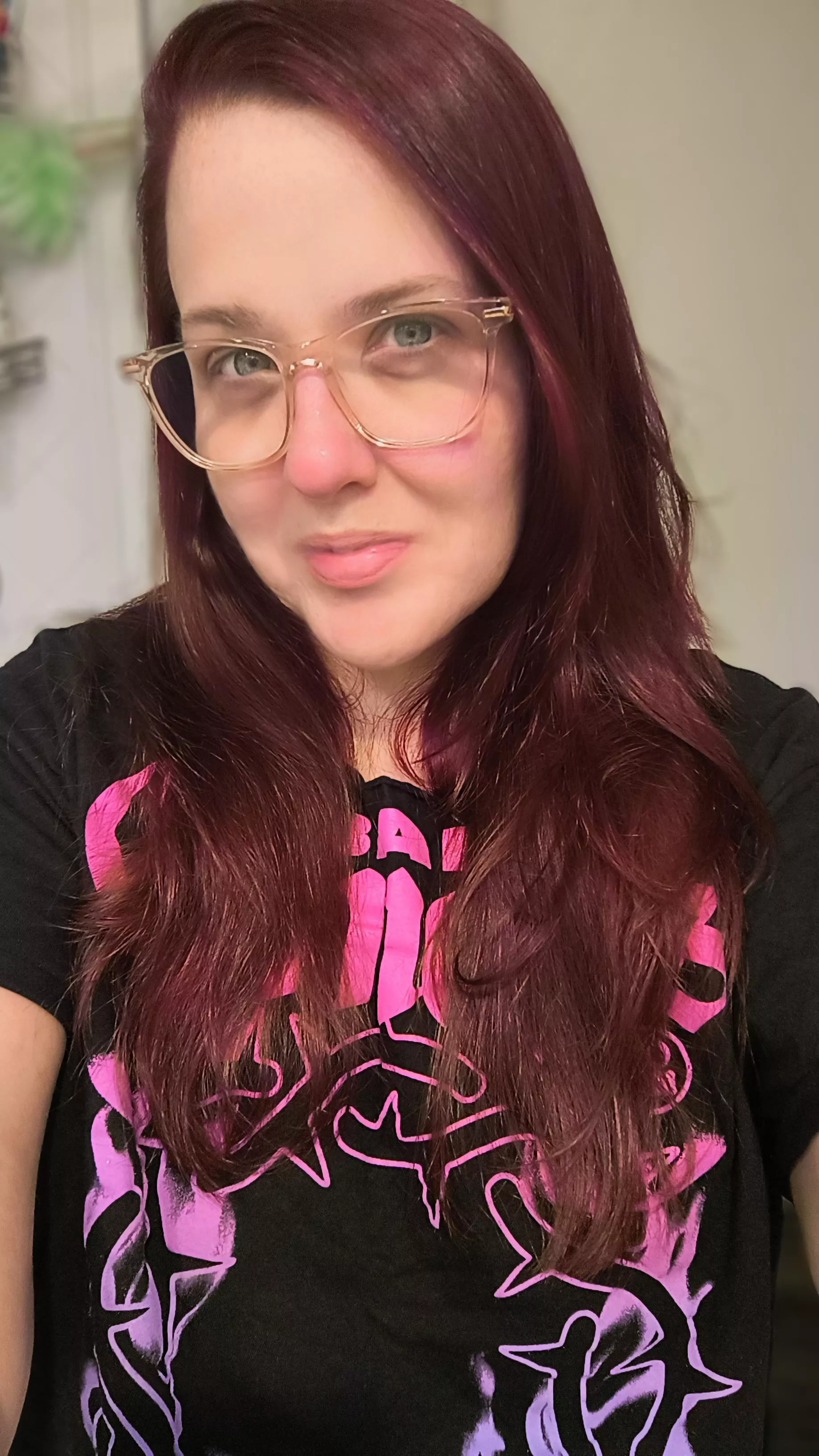 No makeup. Touched up hair color 💜