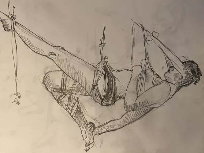 Shibari suspension sketch from life
