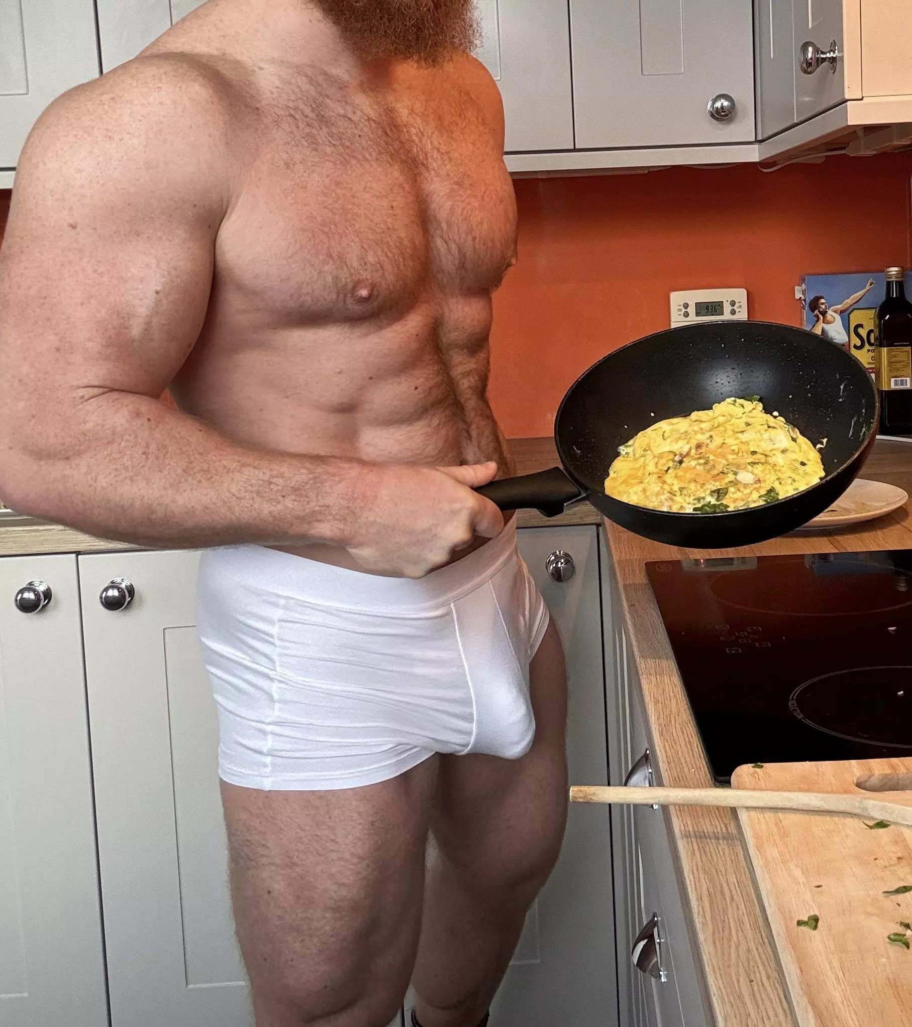 Daddy and his fluffy chest is making breakfast, wanna get fed some sausage?