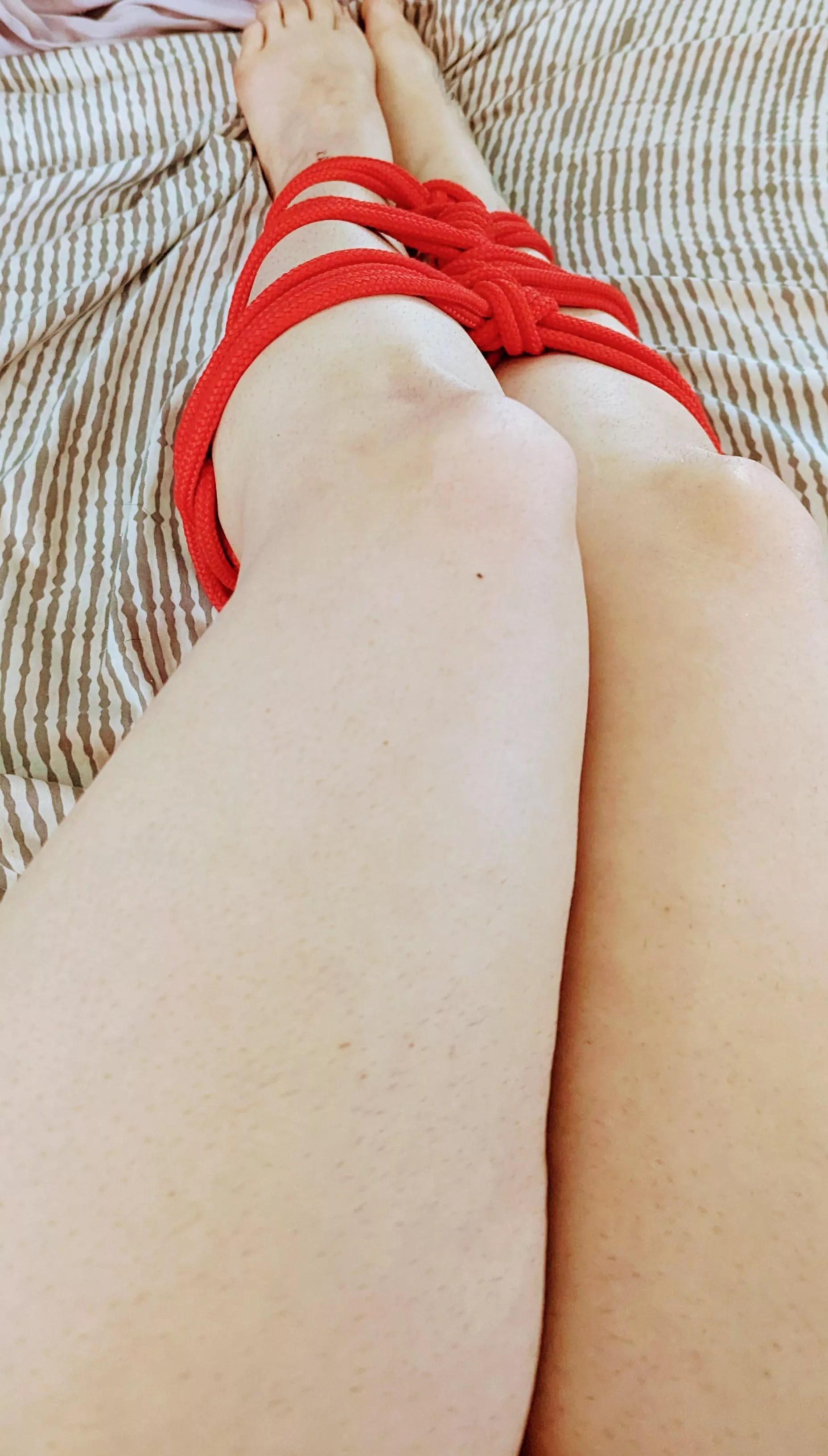 Taking baby steps into self bondage. Enjoying the feel of the ropes