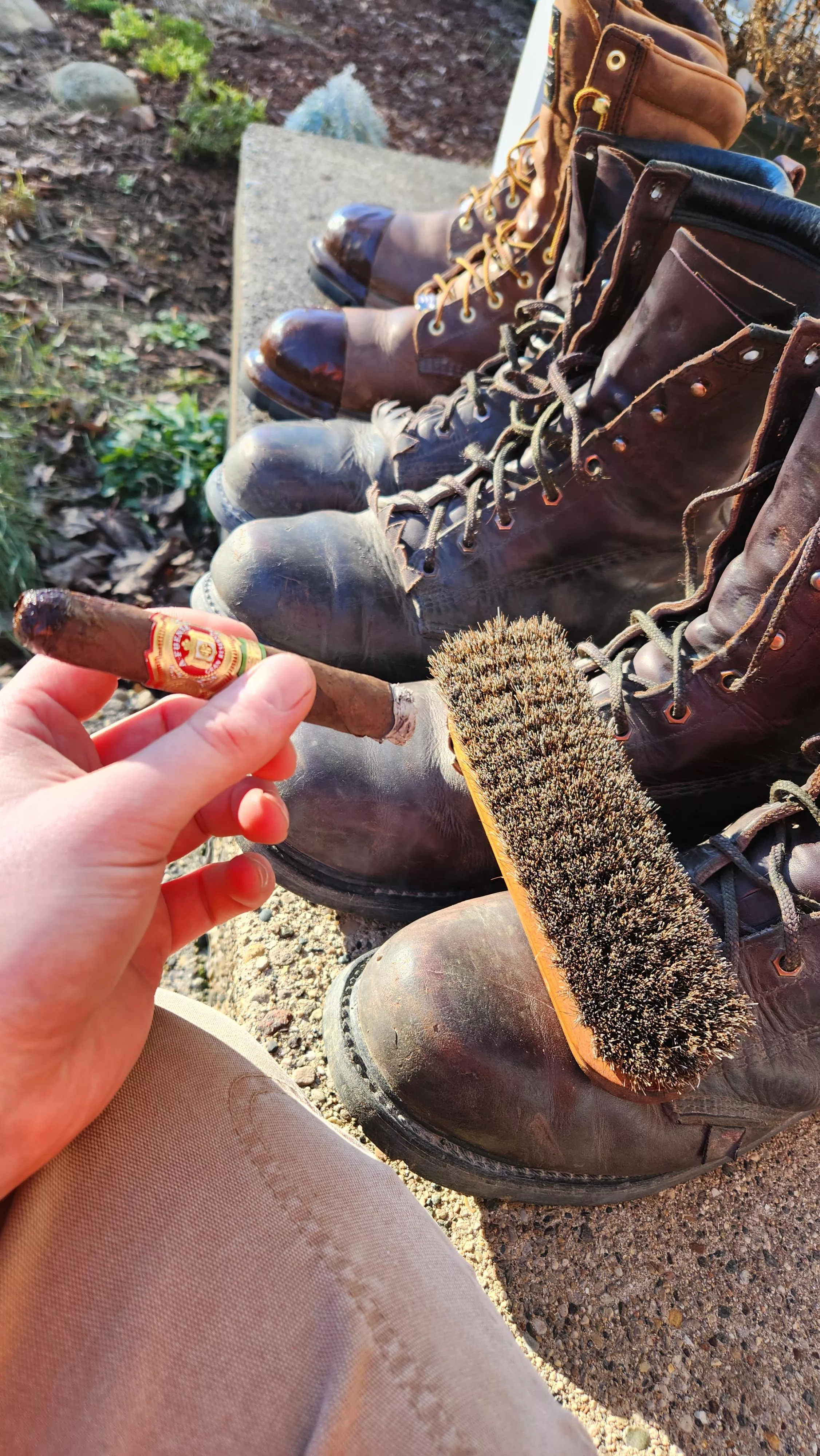 A little cigar smoke while I brush and clean my boots. First sunny day here for a while.