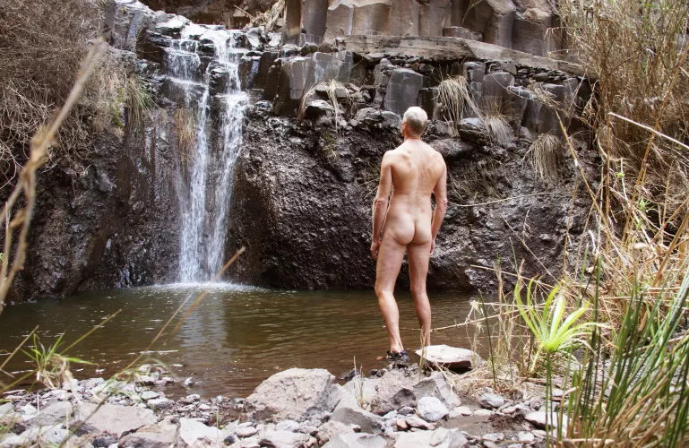 Exciting hike to the waterfall, wearing just . . . nothing!