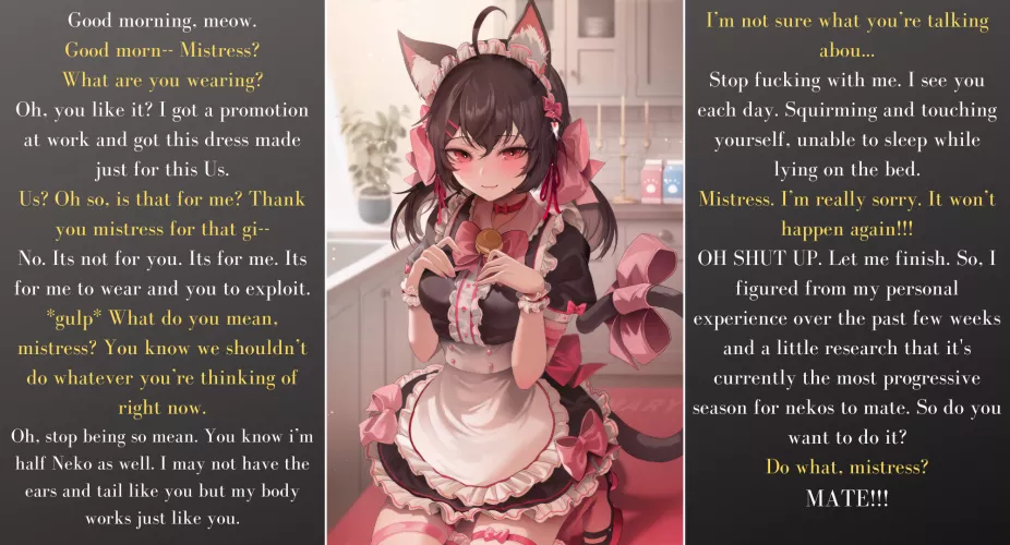 You wake up one day, ready to serve your mistress again. But find yourself in a rather peculiar state. [F4A] [Neko] [Maid] [Servant] [Implied Sex] [Dressing] [Wholesome?] [Mating]