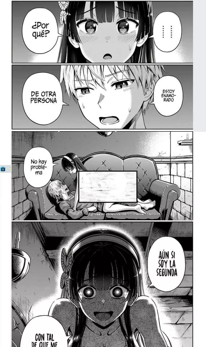 Lf Mono Source : 1girl, 1boy, yandere, on top of sofa, girl blushing, boy sweating, headband, brick walls, sweater, reverse rape, 4 panels, spanish language, por que?, Estoy enamorado de otra persona, no hay proble-ma, aun si soy la segunda, con tal de q