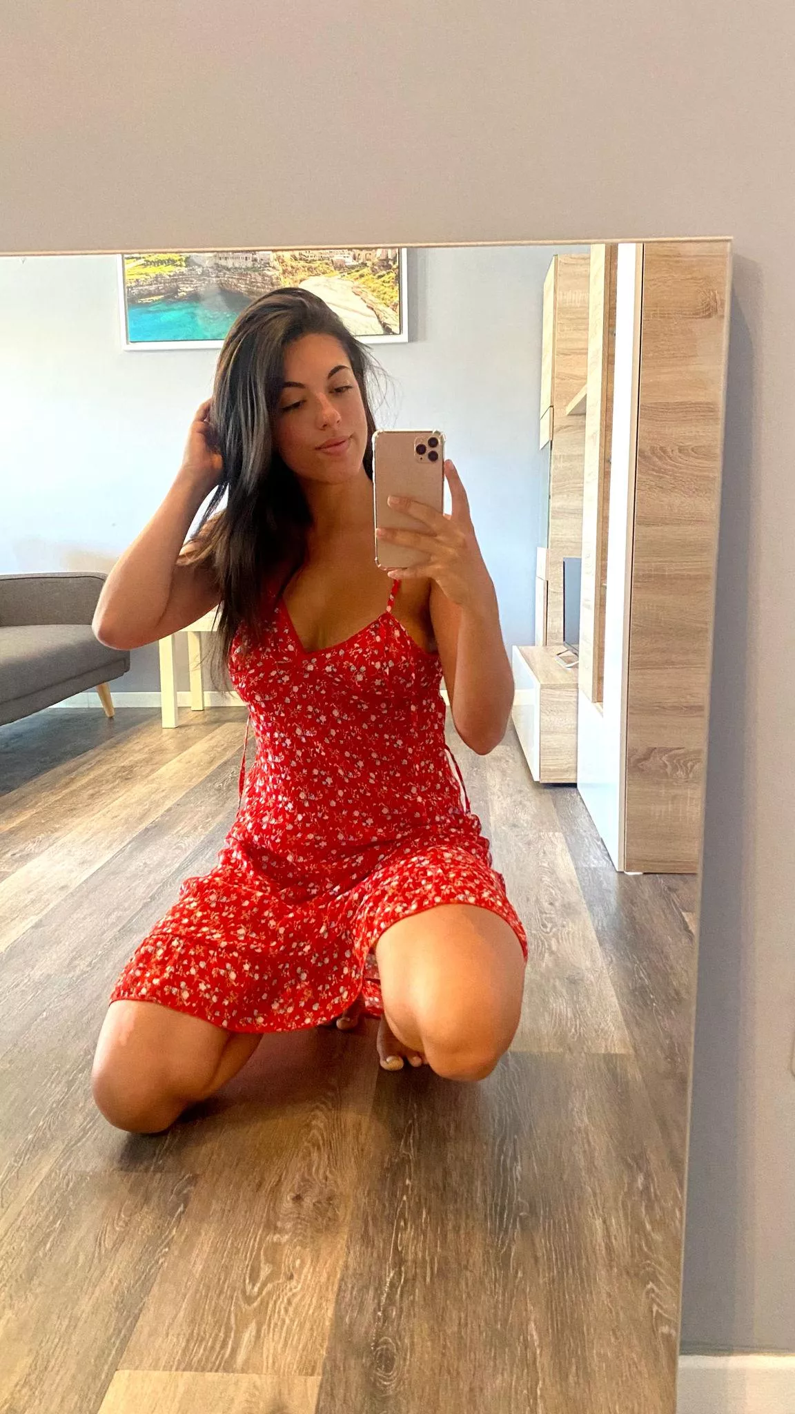 Mirror selfie game strong, capturing my essence with a flirtatious pose. F19