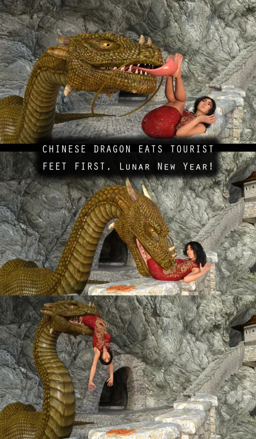 {Image} Chinese Dragon Eats Tourist Feet First WIP 2/4/24 (?/Dragon)(F/Human)(Soft)(Oral)(unwilling)(nsfw)(OC: WormsignVore Animations)