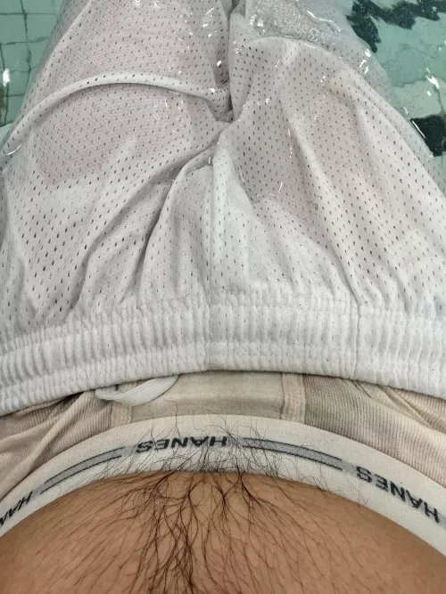 Piss filled Hanes briefs sag with bball shorts in the spa at gym