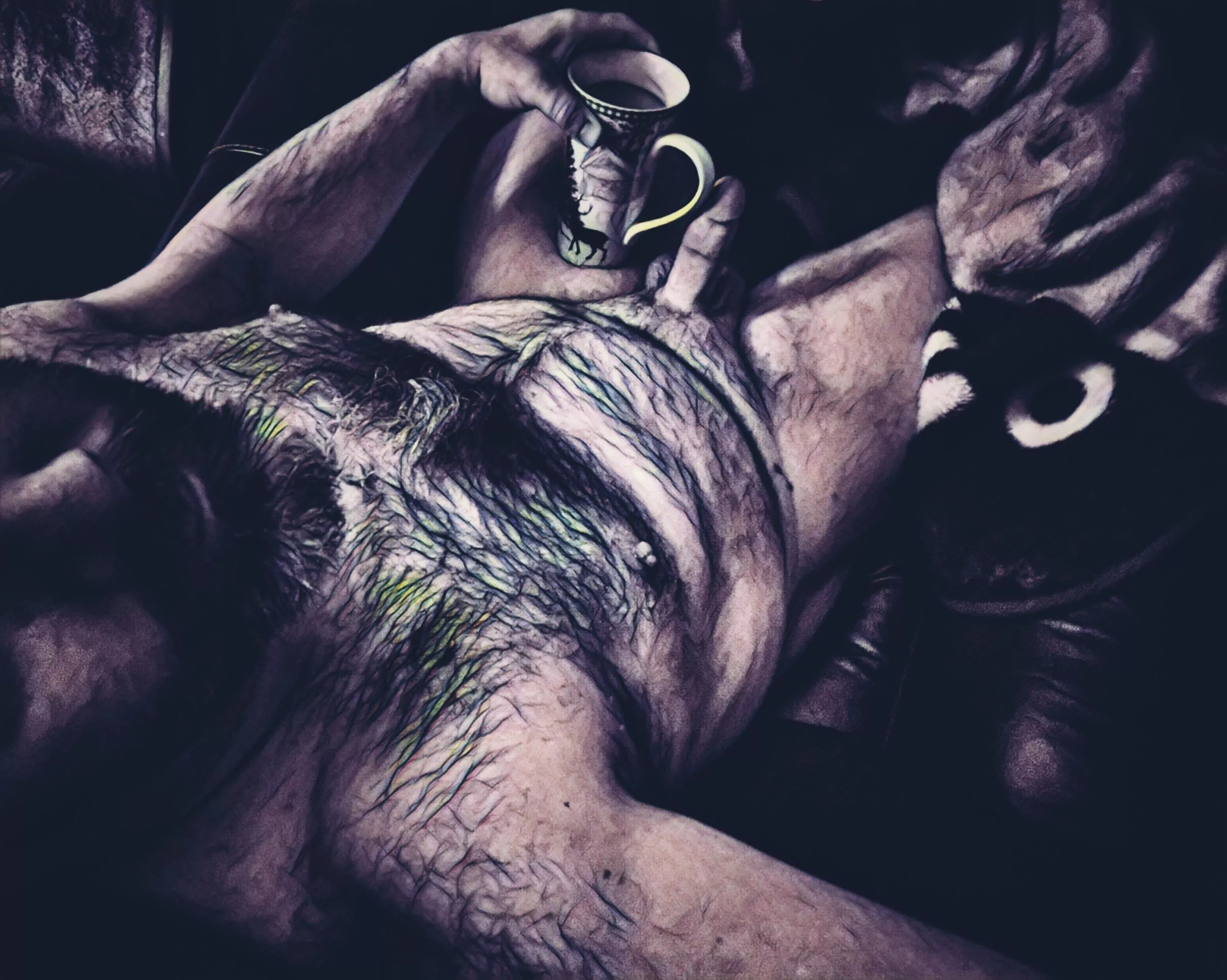 Stretching out this morning, enjoying the morning brew.