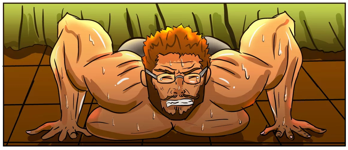 sweaty beefy boy doing push-ups but his tits are really heavy